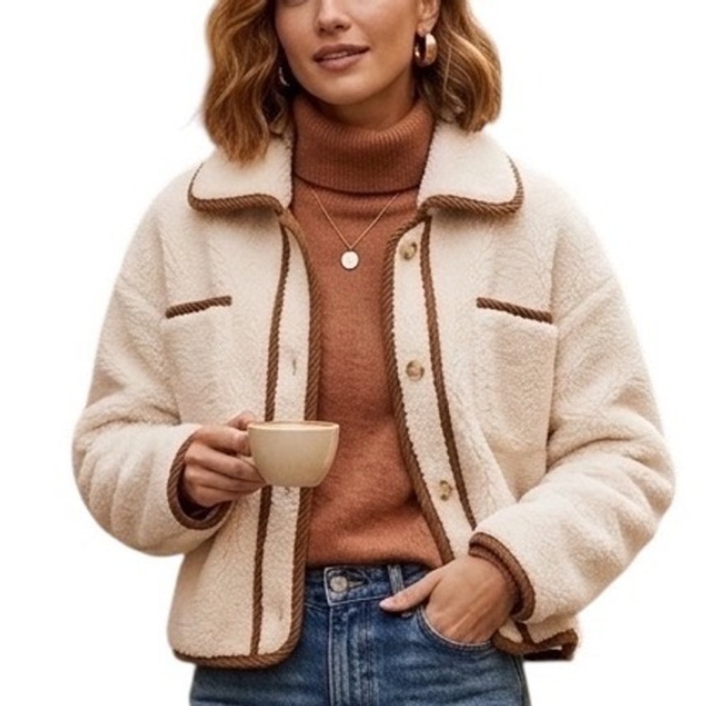 Lush Cream Cropped Teddy Sherpa Fully Lined With Camel Piping Jacket Size Large